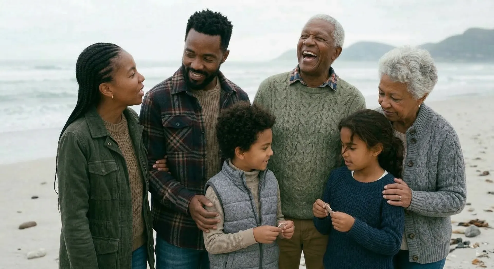 Multi-generational family laughing on a beach