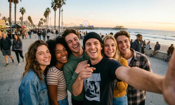 Group of friends taking a selfie at the beach