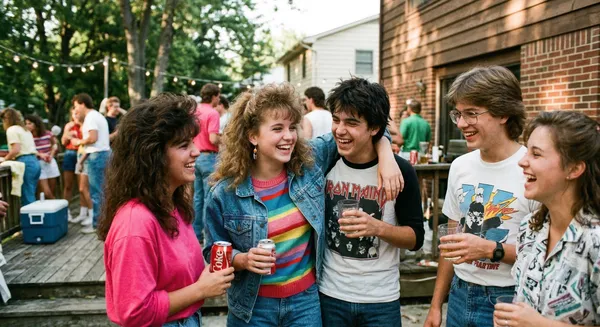 Friends at a backyard party in the 1980s